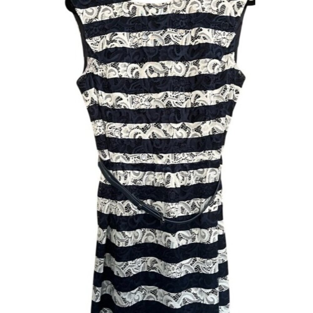 Alex Marie Navy White Horizontal Floral Sleeveless Lace Belt Dress Nautical SZ12
